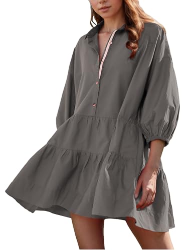 Image of HangNiFang Women's Summer Babydoll Mini Dress Flowy Puff Sleeve Tiered Button Down Oversized Tunic Dress with Pockets