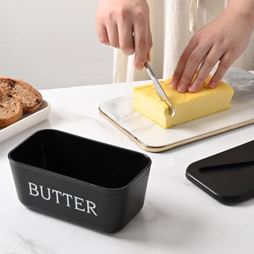 Image of Large Plastic Butter Dish with Lid and Knife, Food Grade PP Butter Holder Keeper with Cover for Kitchen Refrigerator Butter Container (Black)