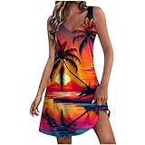 Mzkdieey Women's Summer Dresses 2024 Casual Sleeveless V Neck Sunset Beach Palm Tree Print Tank Loose Sundress with Pockets