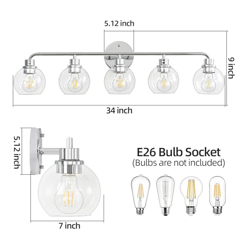 Image of Bathroom Light Fixtures Chrome Vanity Light Silver 5 Light Modern | Wall Sconces Lighting Bathroom Lights with Globe Glass Shades Bath Wall Lights for Mirror Kitchen Living Room Hallway 34.5 inch