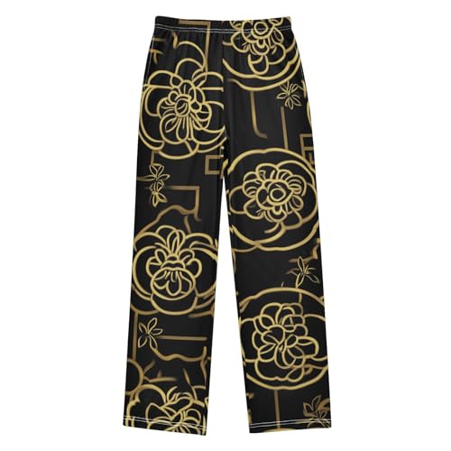Golden Flowers Boys Long Pants Soft Trousers Elastic Waist Kids Lounge Bottoms with Pockets S-XL
