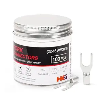 HKS 100PCS Non-Insulated Fork Terminals, #8 Stud, AWG 22-16 (0.5-1.5mm²) Tinned Red Copper Crimp Connectors