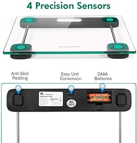 BEAUTURAL Digital Body Weight Bathroom Scale Precision Weighing Scale with Step-On Technology, Large Display, Batteries and Tape Measure Included,400lb