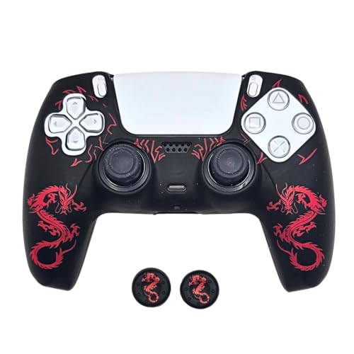 Coque manette PS5 - Imperméable, résistante et antidérapante - Design dragon (rouge) - Protection sûre pour manettes ps5 durables - avec jeu de poignées assorties à la housse pour ps5