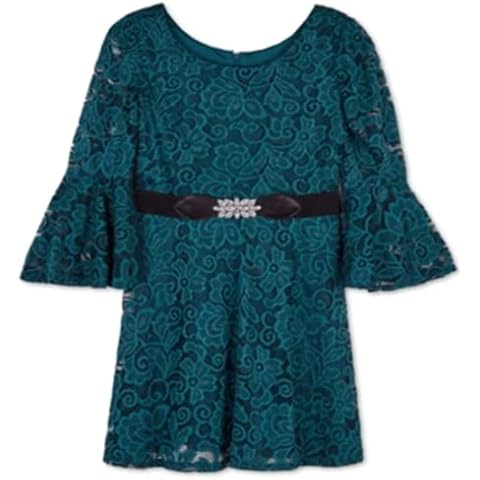 Amy Byer Girls' Belted Allover Lace Bellsleeve Dress, Emerald, 12 Cover