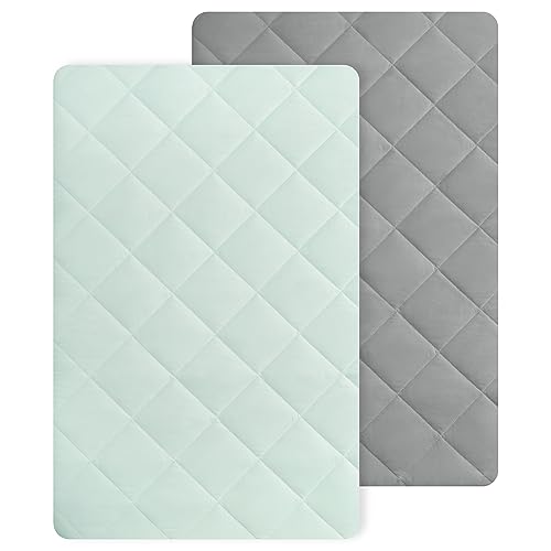 Image of TILLYOU Pack n Play Sheets - 2 Pack Thick Crib Sheets, Soft Quilted Sheets with 1''-3'' Deep Pocket, Breathable Fluffy Crib Mattress Pad, 39"x27", Sage Green & Charcoal Gray