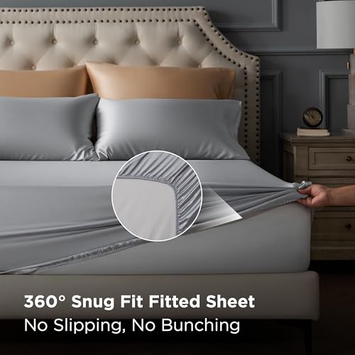 Image of Bedsure Grey Satin Sheets King Size, Soft Silky Bedsheets for Hair & Skin