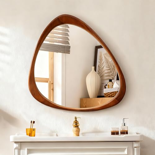 Trsury Asymmetrical Mirror, 24"x19" Unique Irregular Wall Mirror, Wood Mid
