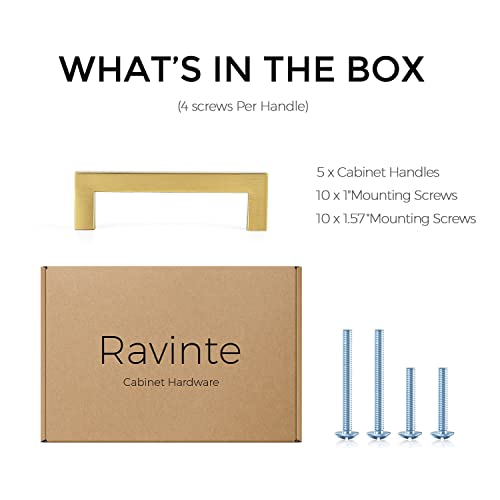 Image of Ravinte Gold Cabinet Handles Square Cabinet Pulls, 3-3 /4 Inch CC, 5 Pack | Stainless Steel Hardware Pulls, Smooth Bar Grip, Kitchen Cabinet Update, For Cabinets, Cupboards, Drawers, Furniture Projects
