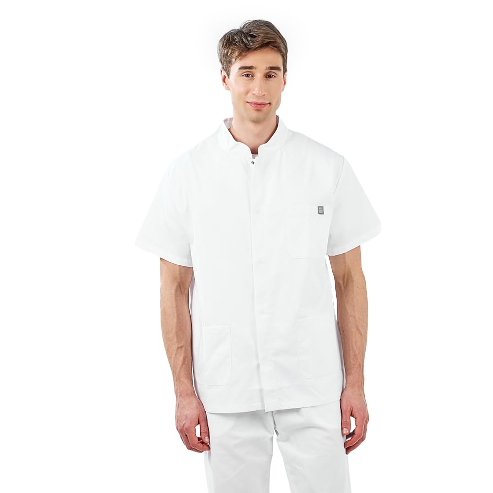 MYLOOKPRO - Tunique Professionnelle Homme Blanche – Blouse Médicale Manches Courtes Polycoton – Col Officier Boutons Pression – 3 Poches – Tenue Infirmier, Laboratoire, Esthétique