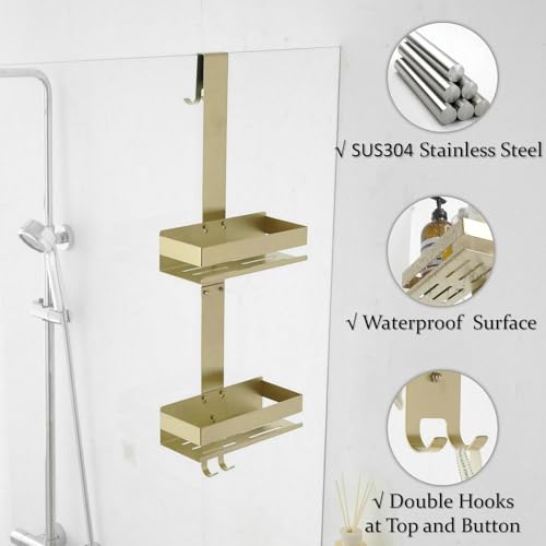 Hanging Over Door Shower Caddy - No Drilling Organiser Stainless Steel Shelves With Hooks - Gold Bathroom Rack Basket Tidy Storage - Image 4