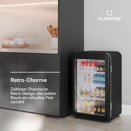 Klarstein Audrey Evo Getränkekühlschrank Mit Glastür - 93L Mini Kühlschrank, Retro-Design, LED-Beleuchtung, Doppelt Verglaste Tür, 0-10 °C, Energieklasse C, Schwarz