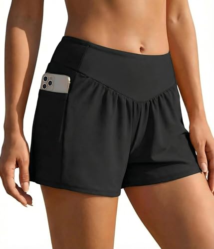 Ekouaer Szorty kąpielowe damskie z kieszeniami typu Liner S-2XL, 1-czarny, L