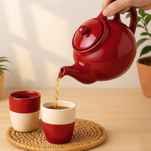 Image of BLACKCARROT Handcrafted Red Ceramic Kulhad Tea Set | 2 Cups & 1 Kettle | Microwave & Dishwasher Safe