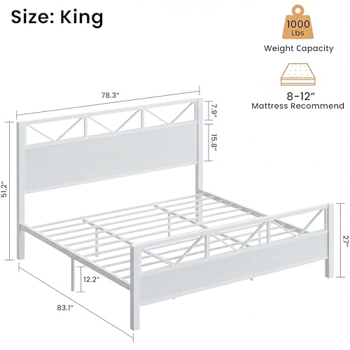 Image of LIKIMIO King Size Bed Frame, Tall Modern Headboard 51.2 inch, Platform Bed Frame with Strong Metal Support, Solid and Stable, Noise Free, No Box Spring Needed, Easy Assembly, White