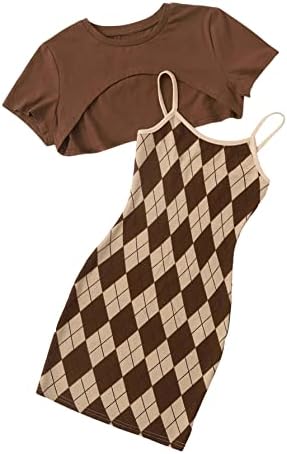 SweatyRocks Girl's 2 Piece Outfits Argyle Print Cami Mini Dress with Short Sleeve Crop Tee Brown 8Y