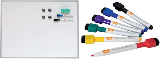 Rexel Magnetic Dry Wipe Personal Whiteboard, 585 x 430 mm, Aluminium Trim, White and Dry Erase Markers, Pack of 6, Assorted Colours