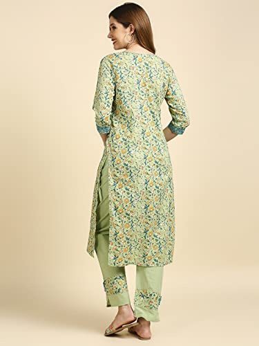 Image of anubhutee Women's Cotton Green Floral Printed Straight Kurta Suit Set With Pants