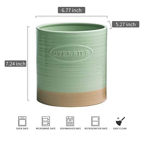 YHOSSEUN Kitchen Utensil Crock for Farmhouse Decor Utensil Holder for Countertop Organizer Extra-Large Utensil Caddy Porcelain, Oval, Green - Thumbnail 2