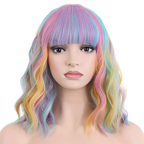 BERON Rainbow Wigs Short Wavy Womens Wig with Bangs Curly Hair Wigs Synthetic Wigs Halloween Party Use