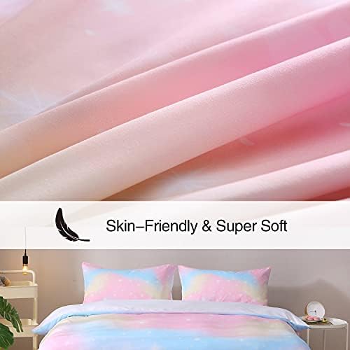 HLWDXno1 Pink Starlight Girls Double Bedding Set Print Duvet Cover Set with 2 Pillow Case Rainbow Stripe Kid Bedding Double Bed Sets Ultra Soft Brushed Microfiber Children Quilt Cover Zipper Closure