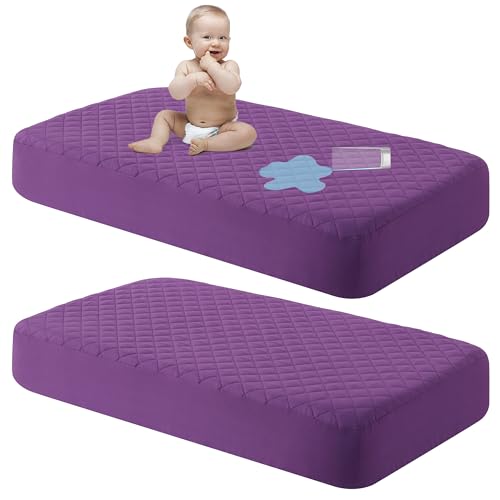 Image of NTBAY 2 Pack Waterproof Crib Mattress Protector, Quilted 28"x52" Toddler Fitted Sheet - Machine Washable - Soft and Breathable Mattress Pad Cover for Crib, Nursery, Daycare, Cot, Purple