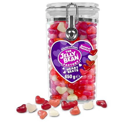 The Jelly Bean Factory, Heart Beats Jelly Beans 650g Jar - Valentines Sweets, 5 Natural, Huge Jelly Fruit Flavours, Retro American Sweets - Gourmet Jelly Bean Hearts, Valentines Gifts for Kids, Adults