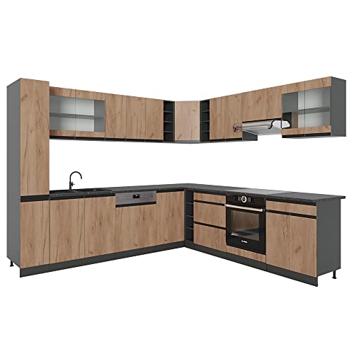 Vicco Eckküche R-Line, Goldkraft Eiche, 257 x 46 cm J-Shape, ohne Arbeitsplatte, zur flexiblen Zusammenstellung und Erweiterung geeignet