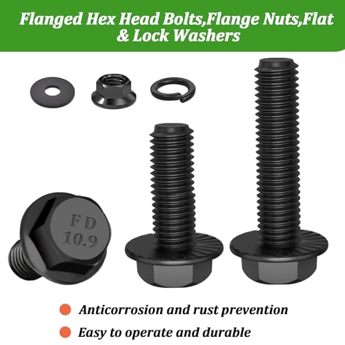 Image of 283Pcs Metric Flange Bolt Assortment,M6x1.0,M8x1.25, M10x1.5 (12mm to 30mm) Bolts and Nuts Assortment,10.9 Black Zinc Galvanized,Bolt Kit