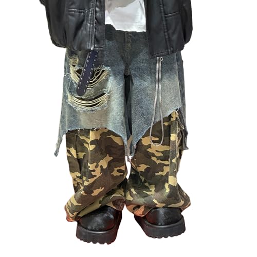 Baggy Jeans Kids Camo Patchwork Ripped Wide Leg Jeans Streetwear Loose Fit Baggy Pants Boys Grunge Camouflage Hip Hop