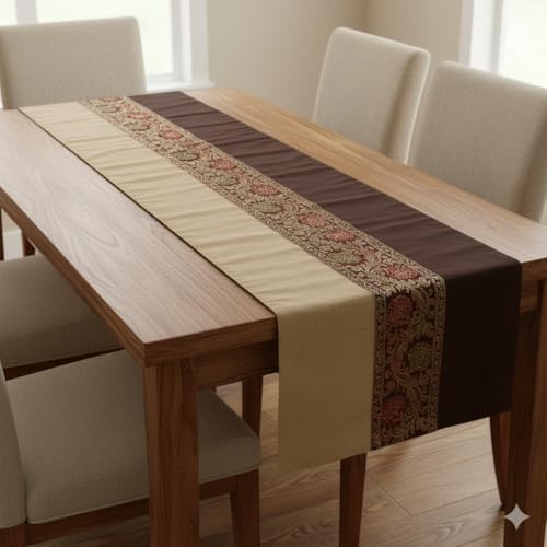 Image of E-EZRA Banarsi Brocade Jacquard & Satin Silk Center Table Runner Coffee Brown Long Ethnic Table Home Decor Floral Traditional Dining Table Cloth Runner Up | 72 By 14 Inches
