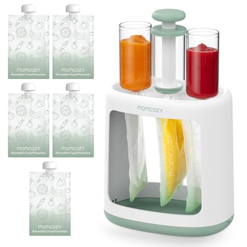 Image of Momcozy Baby Food Maker for Puree Food Storage, Precise Capacity Squeeze Station, Save Time & Efficient, No Food Splashing, Baby Essentials, with 5pcs Reusable Portable Food Storage Bags for Outdoor