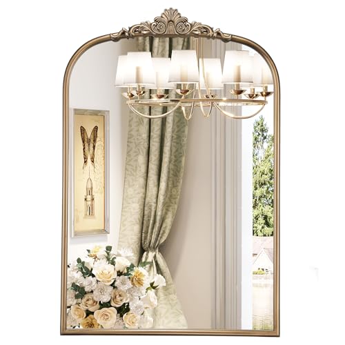Mestikits 24' x 36' Antique Gold Arched Mirror for Wall, Vintage Brass Bathroom Mirror with Metal...
