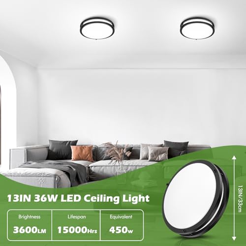 Image of GoBright 13IN Flush Mount LED Ceiling Light Fixture, 2700K /3000K /3500K /4000K /5000K Adjustable Black Ceiling Lights, 36W 3600LM Dimmable Lighting for Hallway Bathroom Kitchen or Stairwell