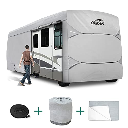 DikaSun Class A RV Camper Cover 37 -40 , 3 Layers Polypro Breathable Waterproof Rip-Stop Anti-UV RV Motorhome Cover with Adhesive Repair Patches, Storage Bag