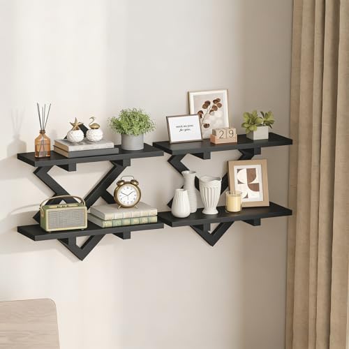 Image of HOOBRO 15 inch Floating Shelves for Wall, Set of 2 Wall Shelf, 2-Tier Hanging Shelves, Wall Mounted Storage Shelf, Display Rack, for Living Room Bedroom Kitchen Bathroom, Black BB14BJP201