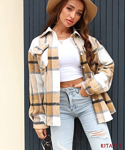 Ritatte Women's Shacket Jacket, Casual Flannel Wool Blend Plaid Shirts, Long Sleeve Button Down Shirt Coats (Khaki, Large) #TOP3