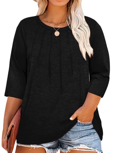 Image of Chulianyouhuo Womens Plus Size Tops 3 /4 Sleeve Casual T Shirts | Crew Neck, Pleated Blouse Tee, Dressy Casual Shirts, Loose Fit Tunic Tops, Soft Fabric, Going Out Outfits