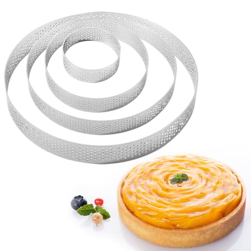 Guowall Perforated Tart Ring Set, Muffin Rings Cake Mould Stainless Steel Pastry Rings for Baking Crumpets Desserts (6/10/15/20cm Round Rings, 4 Pieces)