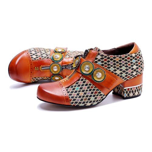 CrazycatZ Leather Pumps,Womens Colorful Vintage Block Heel Shoes3