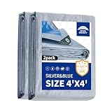RAINDEWAY Small Tarps Waterproof 4x4 Feet（Pack of 2） 5.5 Mil Thick, Multipurpose Waterproof Poly Tarp Cover，Camping Tarpaulin Silver/Blue Tarp Finished Size
