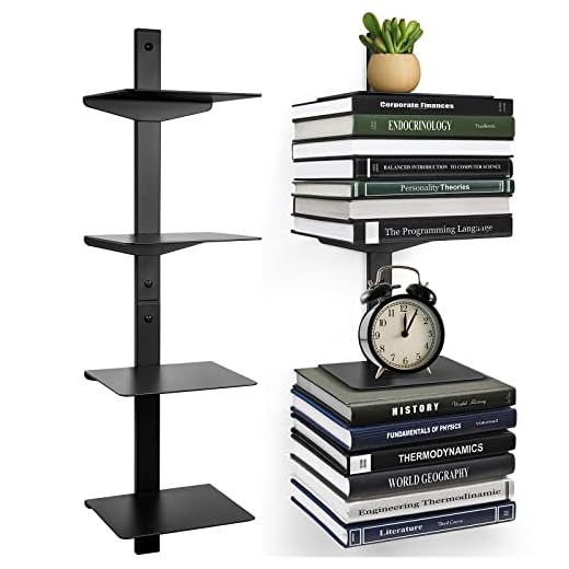 ART-GIFTREE Invisible Floating Bookshelf for Wall Mounted, 4 Tier Vertical Spine Book Tower, Stacking Bookshelves Iron Floating Shelves, Heavy-Duty Metal Book Organizers for Home Office, 2 Pack Black