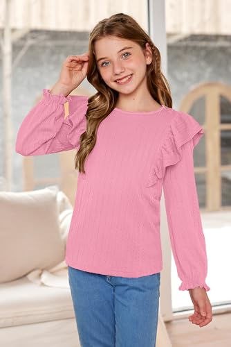 Girls Long Sleeve Ribbed Shirt Fall Flutter Sleeve Tops Trendy Casual Knit Blouses 6-14 Years3