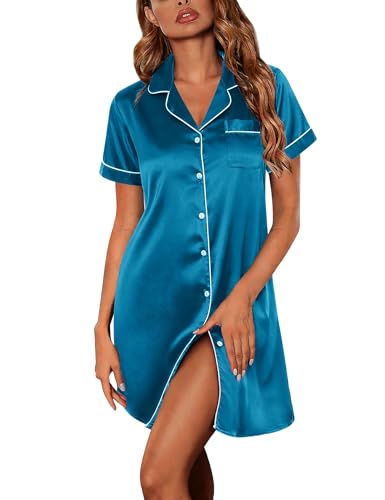 Marvmys Womens Satin Nightshirt Silk Button Down Night Gown Short Sleeve Pajama Gown Dress Blue Green M