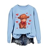 Damen Highland Cow Sweatshirt Valentinstag Bedrucktes Sweater Winter Pulli Freizeit Langarmshirt Langarm Rundhalsausschnitt Sweatshirts Outdoor Fashion Winterpullover Landurlaub