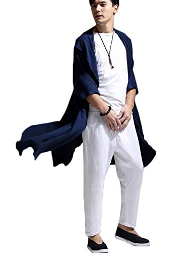 Mens Linen Cotton Draped Cardigans Half Sleeve Hooded Long Shawl Ruffle Trench Coat3