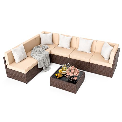 Pamapic Patio Furniture Set, 7 Pieces Modular Outdoor Sectional, Patio Sectional Sofa Conversation Set, Rattan Sofa with Coffee Table and Washable Cushions Covers (Brown Sugar)