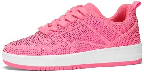 LUCKY STEP Dames Sneakers - Strassstenen & Leren Upper, Vetersluiting, Comfortabel (Lage Enkel) (Rood strass, 11US-42EU-9UK