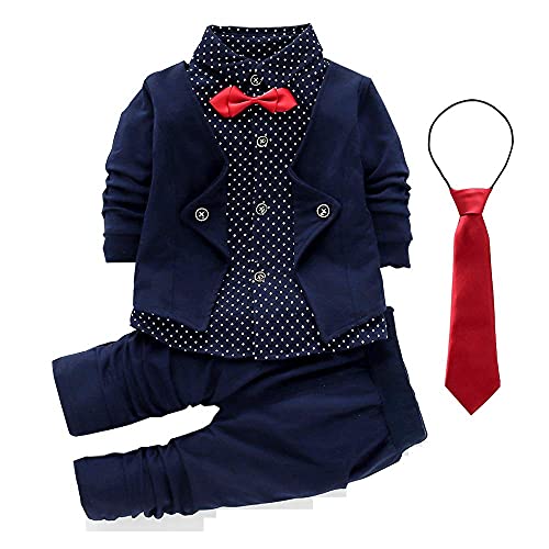 HZXVic Toddler Boy Gentleman Outfits Suit,Baby Tuxedo Dress Shirt with Bowtie + Pants Clothes Sets,Navy tie, 18M