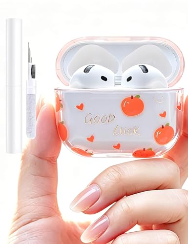 Nexshell Clear Fruit Pattern Case Compatible with AirPods 4 Generation 2024 Cover with Cleaning Kit, Apple Print Hard PC, Front LED Visible Shockproof Anti-Fall Full Protection, for Women Girls